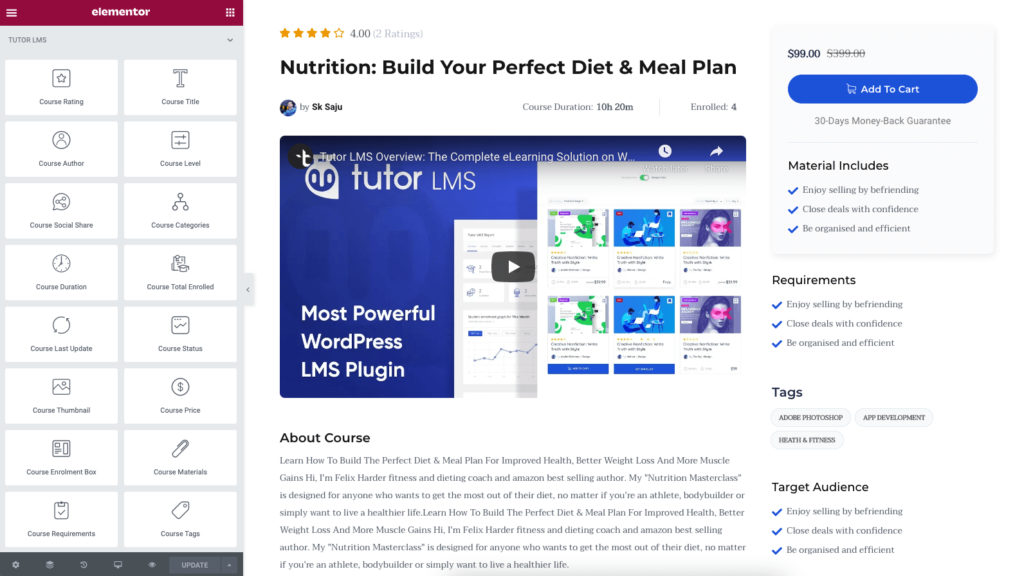 Tutor LMS Elementor Addons集成插件简介：创建自定义课程页面、课程轮播、课程列表等