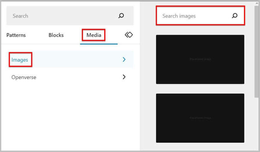 WordPress 6.2 BETA 块插入器中的图像搜索框