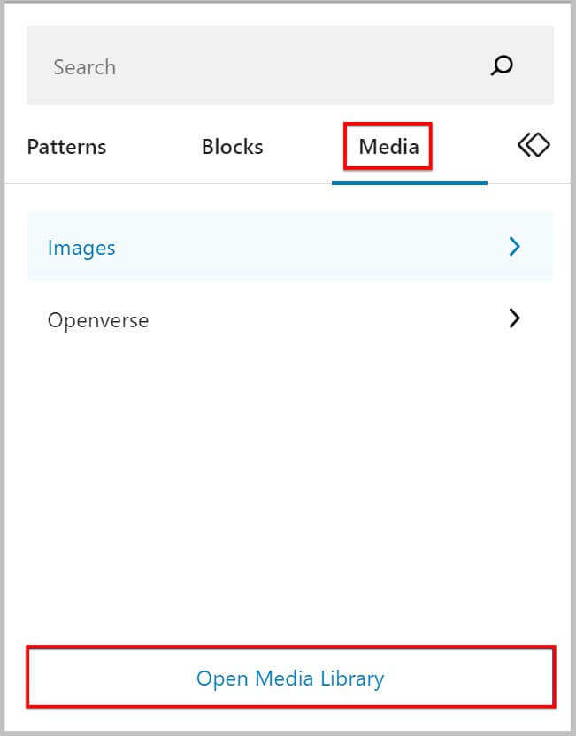 在 WordPress 6.2 BETA 中使用 Block Inserter 打开媒体库