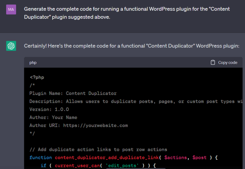 ChatGPT 提示为复制内容的 WordPress 插件生成代码。