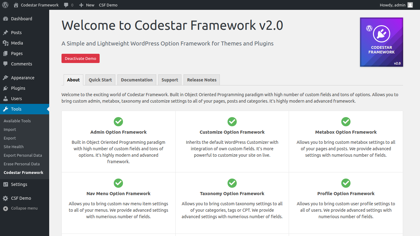 Codestar Framework专业版后台演示